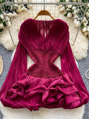 3D Floral Satin Corset Sheer Lantern Sleeve Ruched Stretch Waist Ladies Luxury Party Ruffles Splice Slim Short Dress