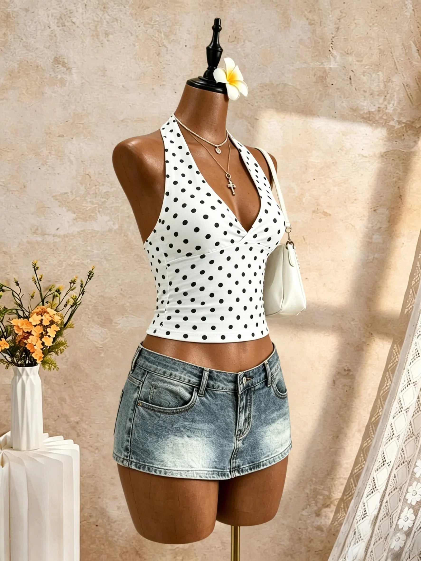 Halter V Neck Polka Dot Print Crop Cami Top