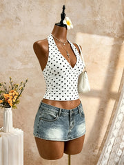 Halter V Neck Polka Dot Print Crop Cami Top