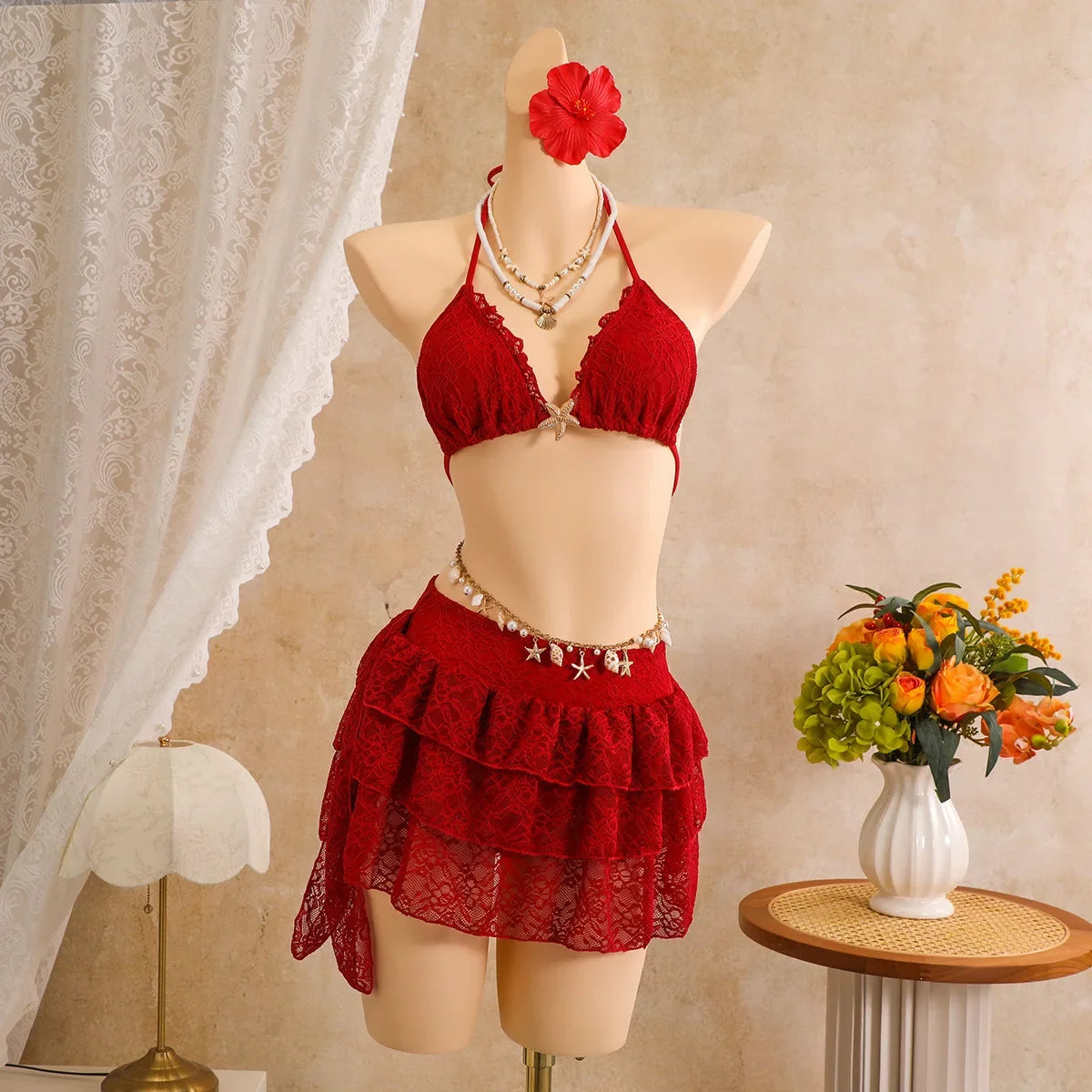 Vintage Red Pleate Skirt 3 Piece Bikini Set