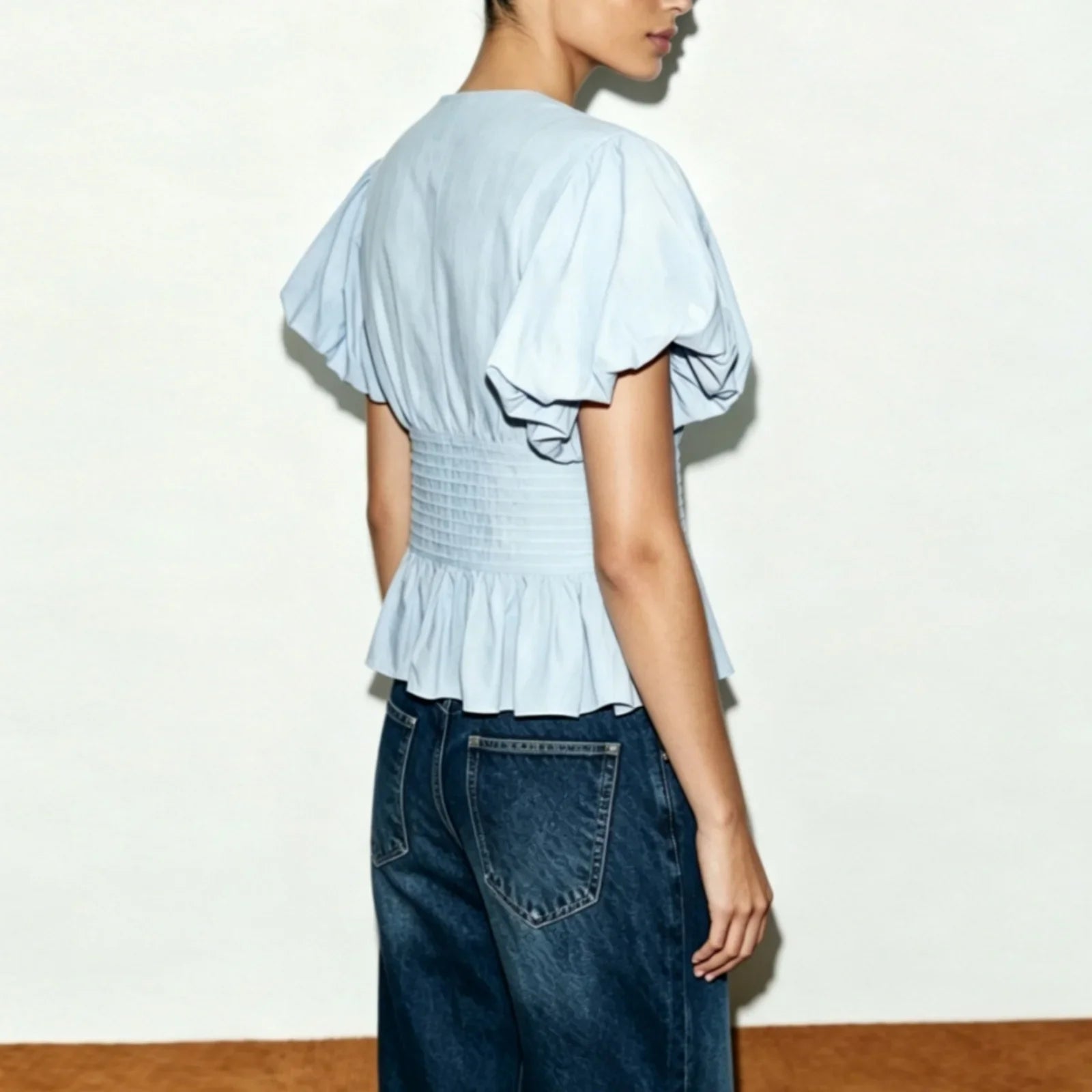 Solid Color Short Bubble Sleeve Smocked Waist Crop Top