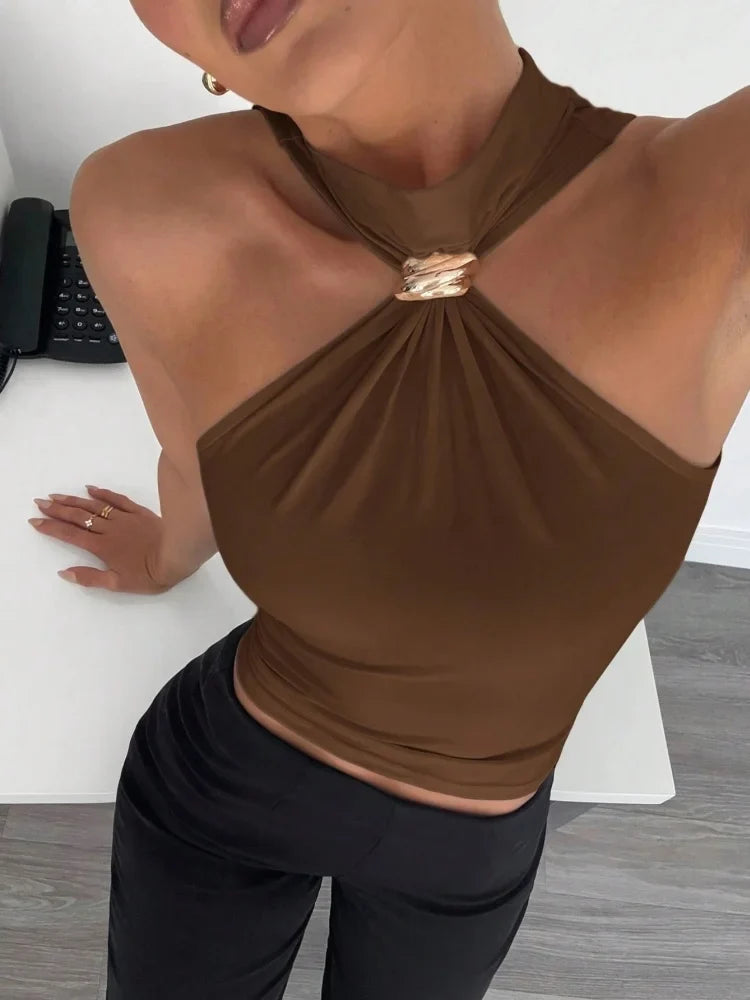Metal Ring Decor Twist Knot Sleeveless Tank Top