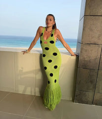 Green Hollow Knitted Tassel Dress