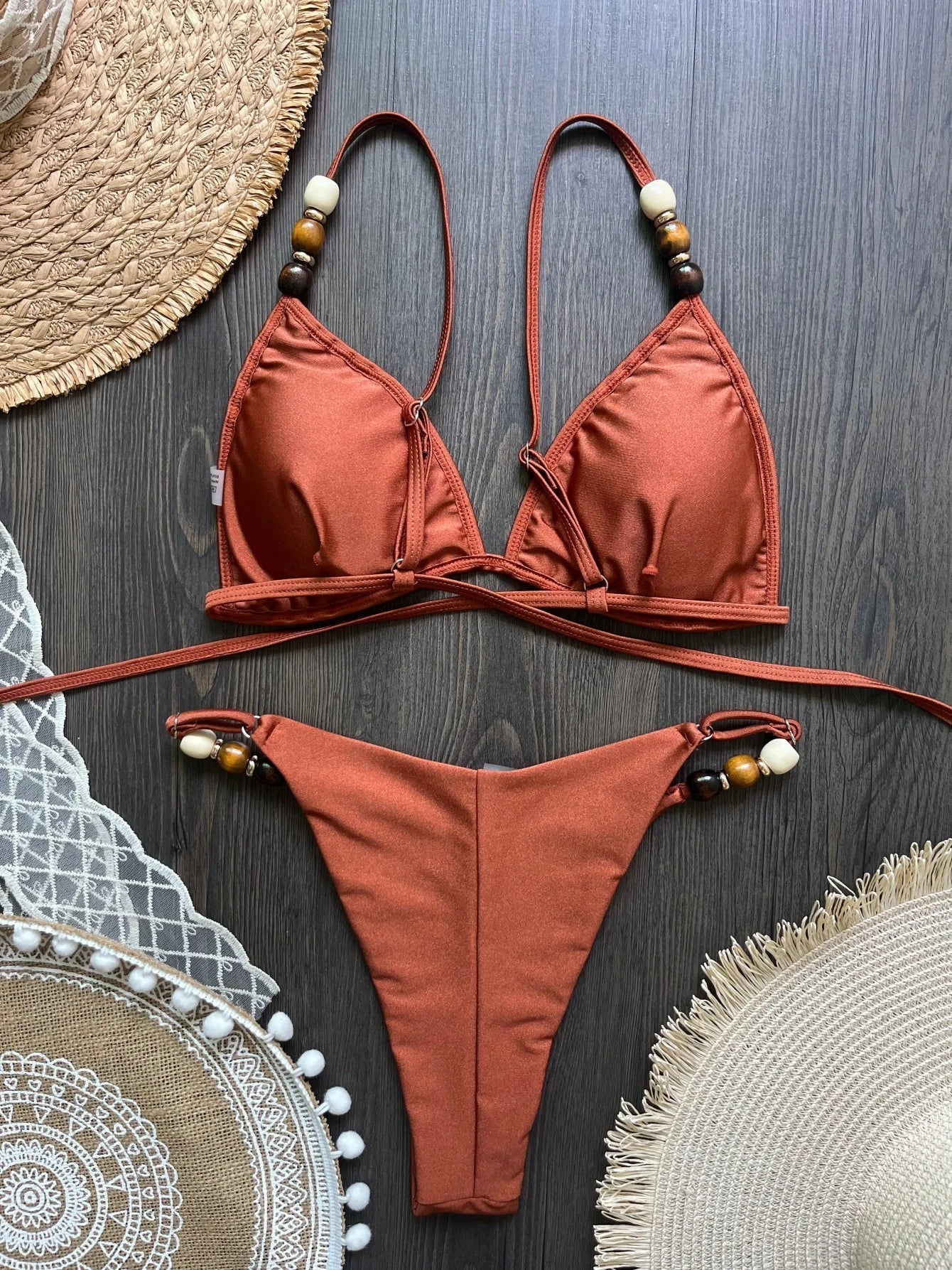 Sexy Black Pearls Strap Hole Out Push Up Bra Micro Bikini
