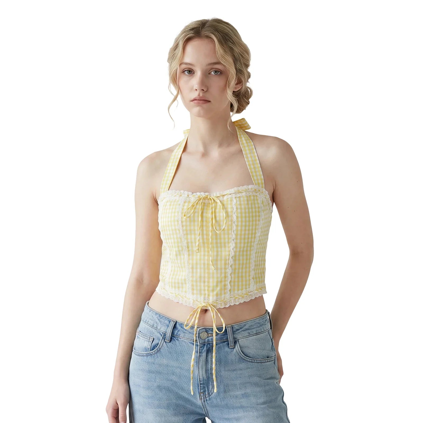 Drawstring Bandage Camisoles Lace Trim Tank Tops