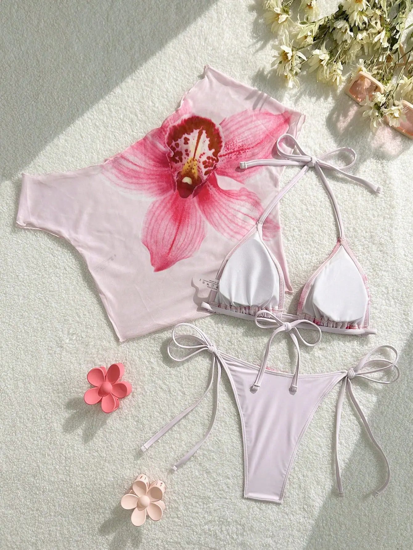 Sexy Pink Floral Print Short Sleeve Cover Up 3 Piece Bikini Set