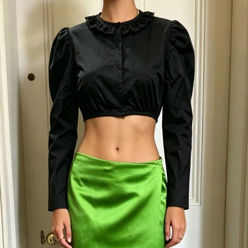 Lace Trim Collar Cropped Blouse Cottage Daily Office T-Shirt