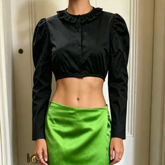Lace Trim Collar Cropped Blouse Cottage Daily Office T-Shirt