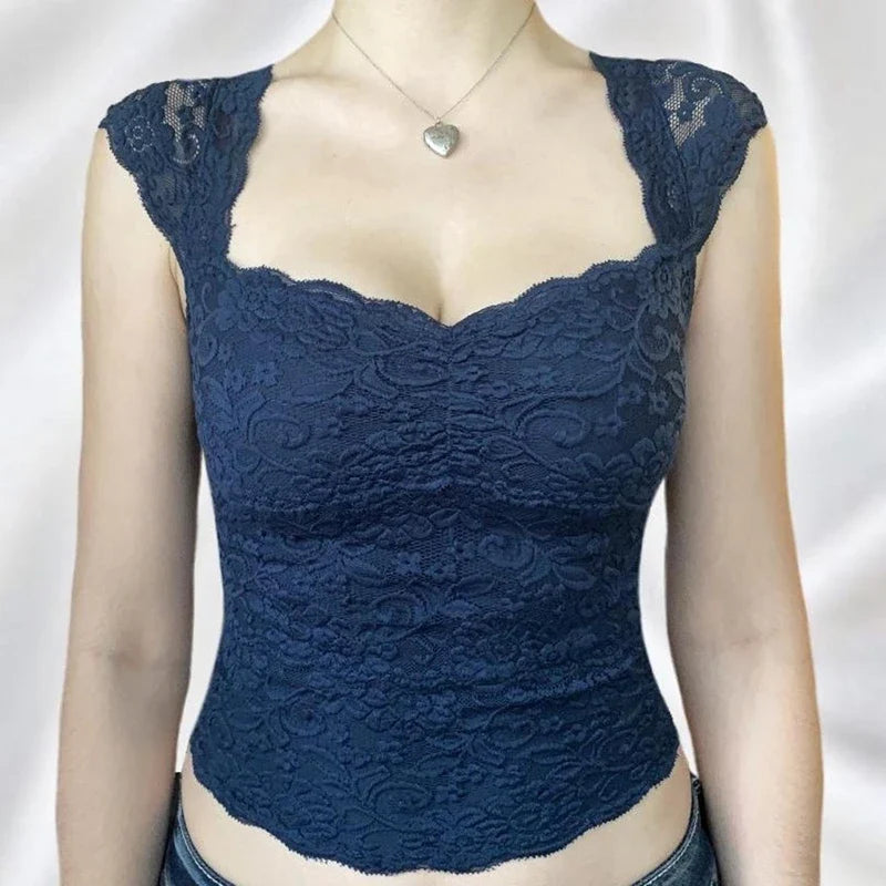 Y2K Fairycore Blue Floral Lace Milkmaid Tank Tops