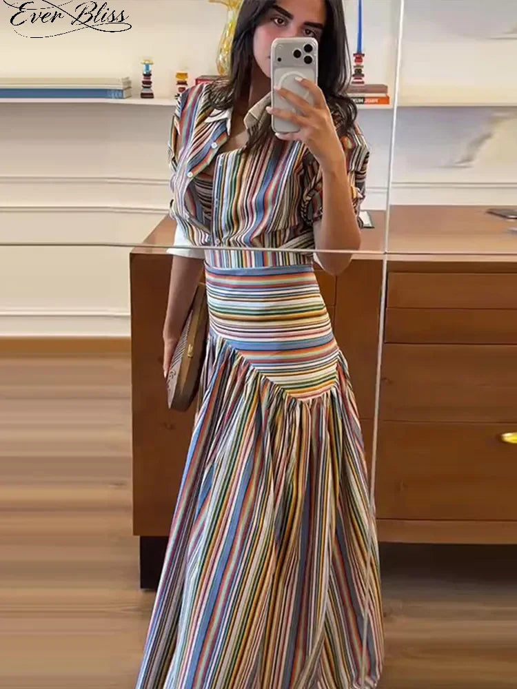 Boho Colorful Stripe Skirt Set Turn Down Collar Single Breasted Long Sleeve Shirt Fitted Waist Flowy Skirts Outfits