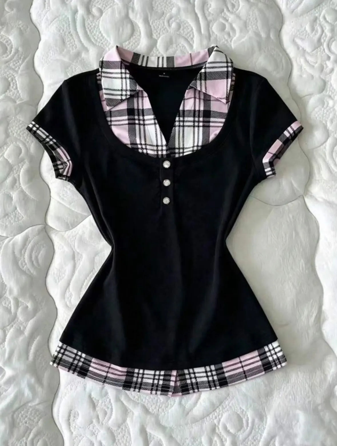 Lapel Fake Two Piece Short Sleeve Tee Slim Cropped Ruched Button Top