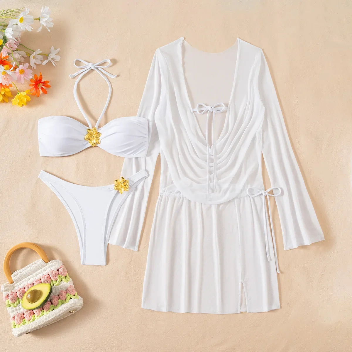 Sexy Long Sleeve Cover Up 3 Piece Bikini Set