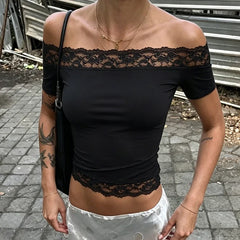 Y2K Coquette Sexy Short Sleeve T-shirt Off Shoulder Lace Trim Crop Top