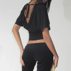 Women's Lace Patchwork Deep V Neck Tie Up Slim Fit Half Sleeve T-Shirt Crop Top
