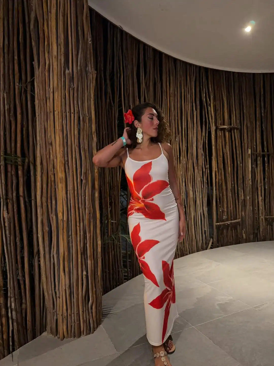 White Red Hibiscus Floral Print Spaghetti Strap Midi Dress