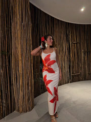 White Red Hibiscus Floral Print Spaghetti Strap Midi Dress