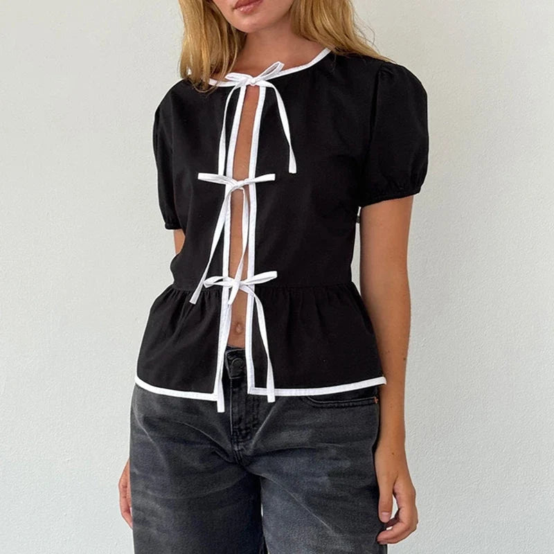 Front Bowknot Blouses Tees Ruffle Hem Crop Tops