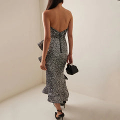 Sexy Sequins Strapless Evening Midi Dress