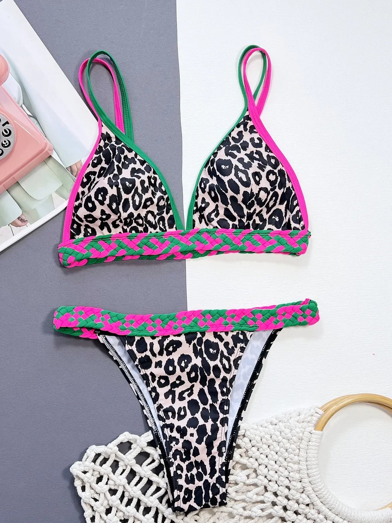 Sexy Black Leopard Print Patchwork Bikini Set