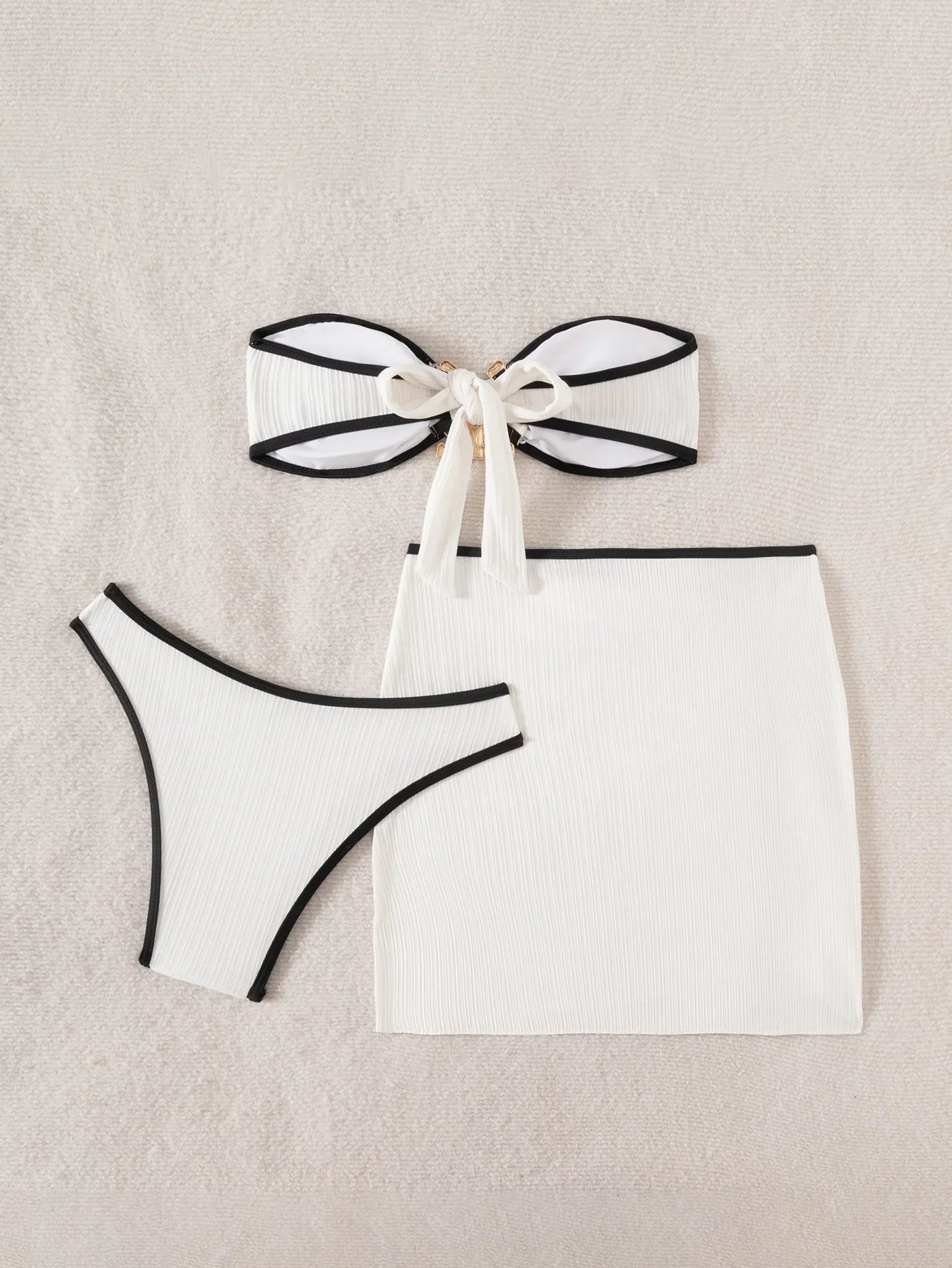 Whiet Patchwork Metal Circle Push Up Skirt 3 Piece Swimsuit