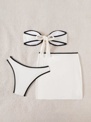 Whiet Patchwork Metal Circle Push Up Skirt 3 Piece Swimsuit