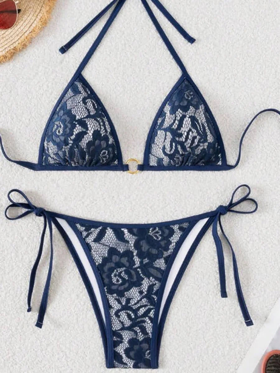 Embroidery Mesh Lace Halter High Cut Bikini