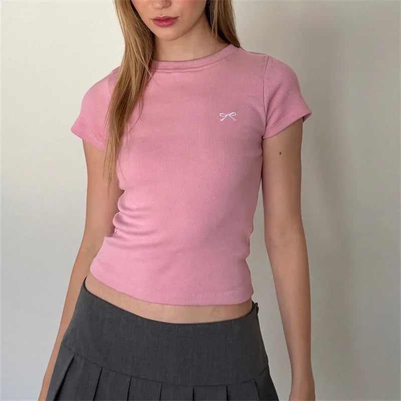 Cute Bow Embroidery Crop Top
