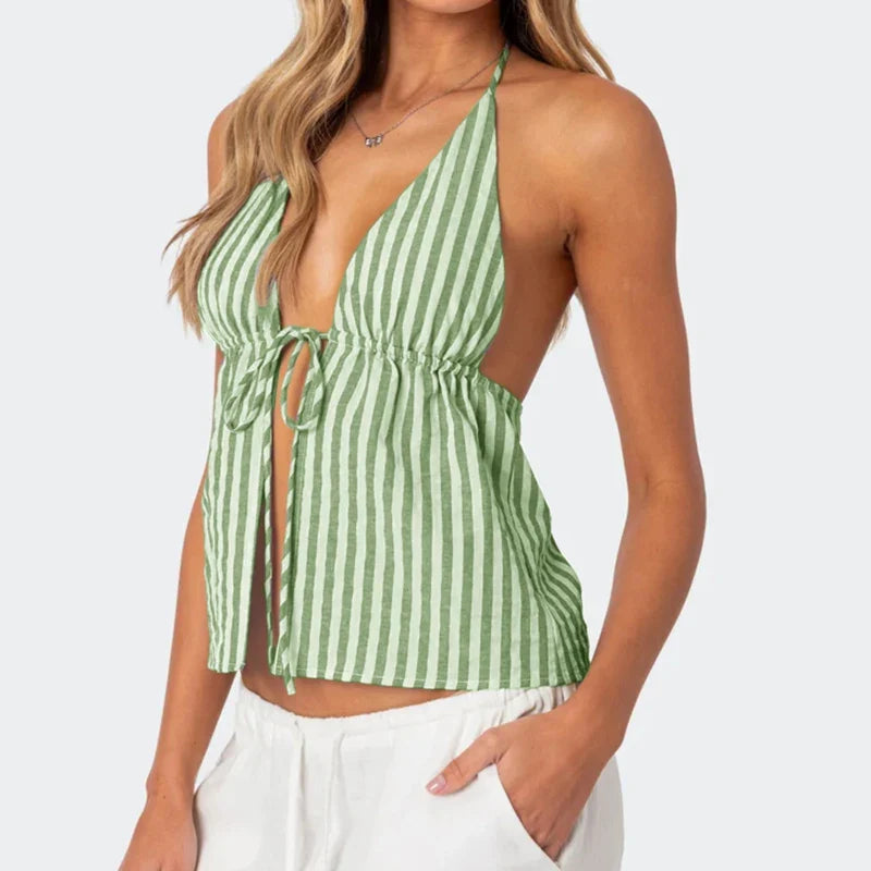 Striped Front Tie Up Halter Neck Cami Sexy Low Cut Backless Crop Tops