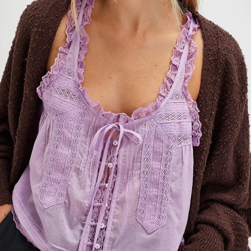 Y2K Button-up Lace Trim Patchwork Cami Tops