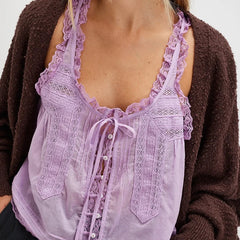Y2K Button-up Lace Trim Patchwork Cami Tops