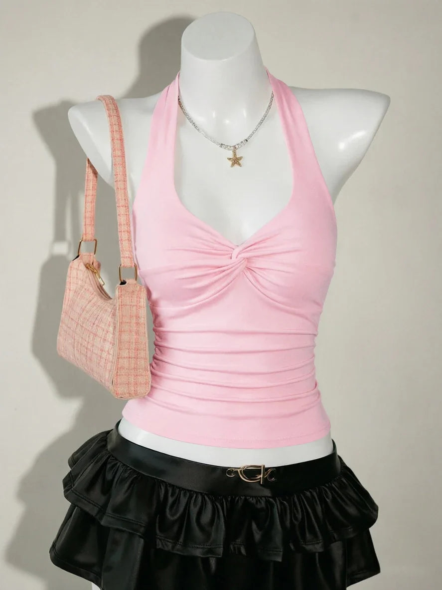 Halter Deep V Neck Front Twist Ruched Slim Fit Cropped Cami Top