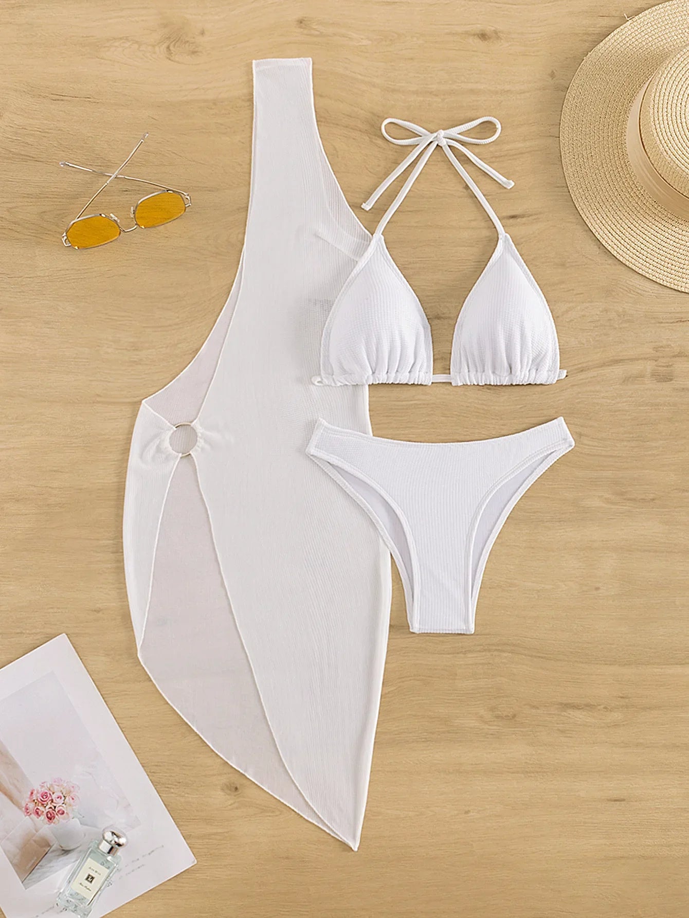 Sexy One Shoulder White Dress 3 Piece Bikini Set