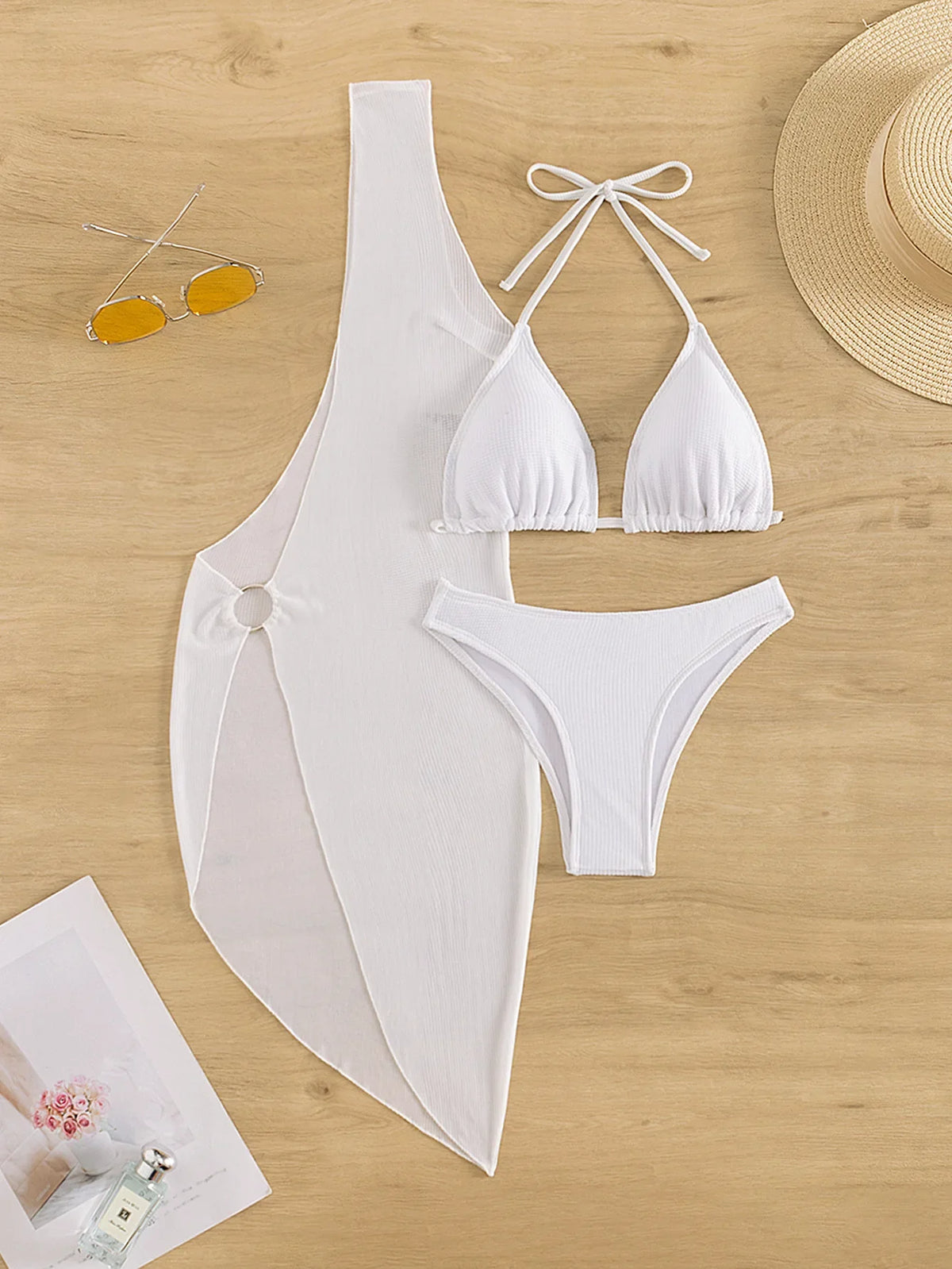 Sexy One Shoulder White Dress 3 Piece Bikini Set