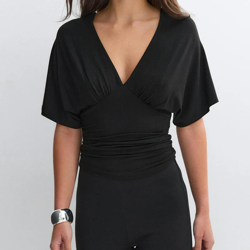 Deep V Neck Flutter Short Sleeve Crop Top
