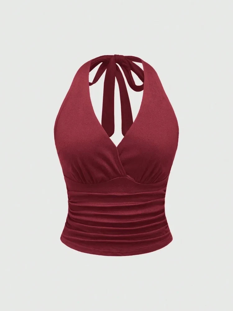 Solid V-neck Backless Halter Crop Top