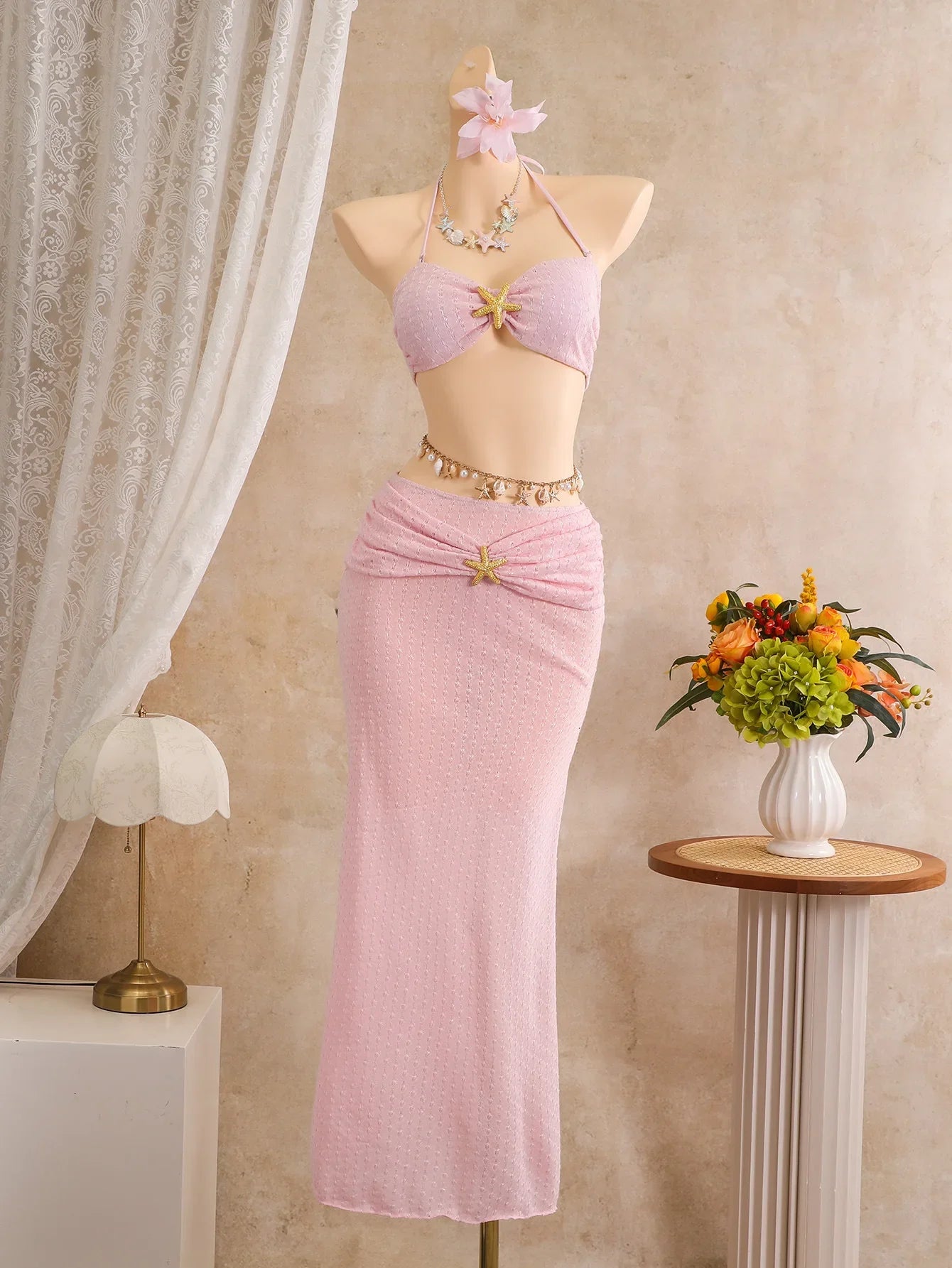Sexy Pink Mesh Mermaid Skirt 3 Piece Bikini Set