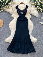 Embroidery Black Fishtail Dress
