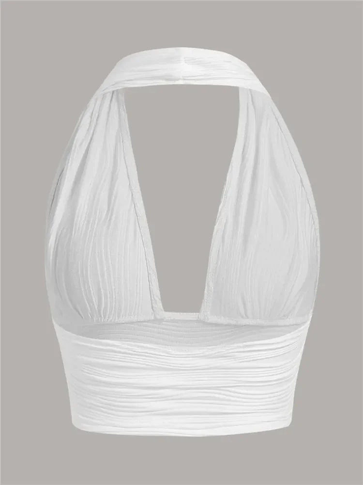 Solid White Backless Crop Halter Top