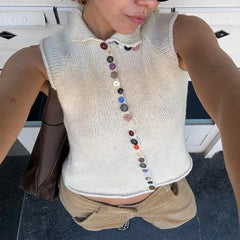 Vintage Buttons Short Sleeve Sweater T-shirt Slim Fit High Neck Knitted Tees Y2K Preppy Cute Crop Top