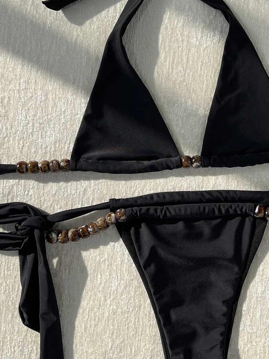 Sexy Beads Halter High Leg Cut Strappy Bikini