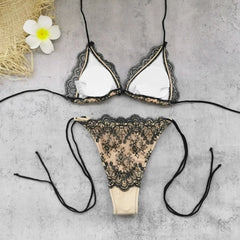 Sexy Black Lace Long Pants 3 Piece Bikini Set
