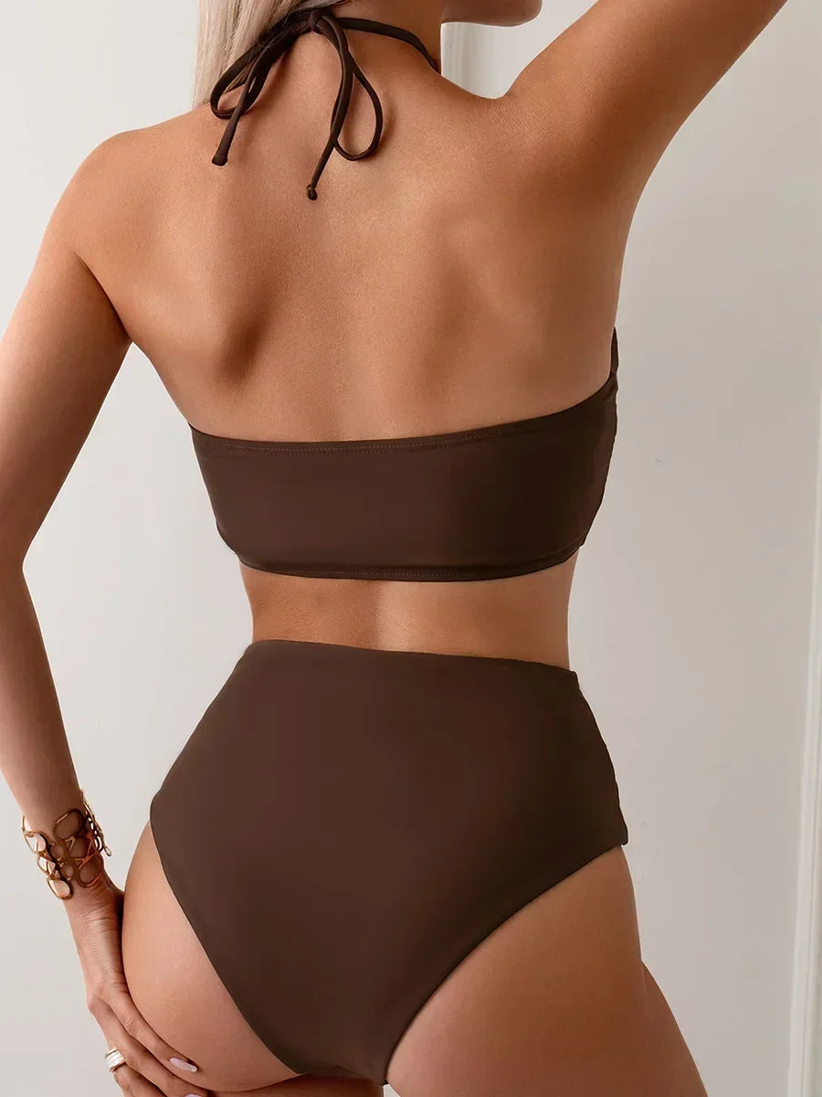 Wrinkled Halter Neck Crop Top Bikini