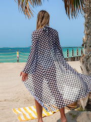 Vintage Black Plaid Print Long Sleeve Cover Up Bikini Set