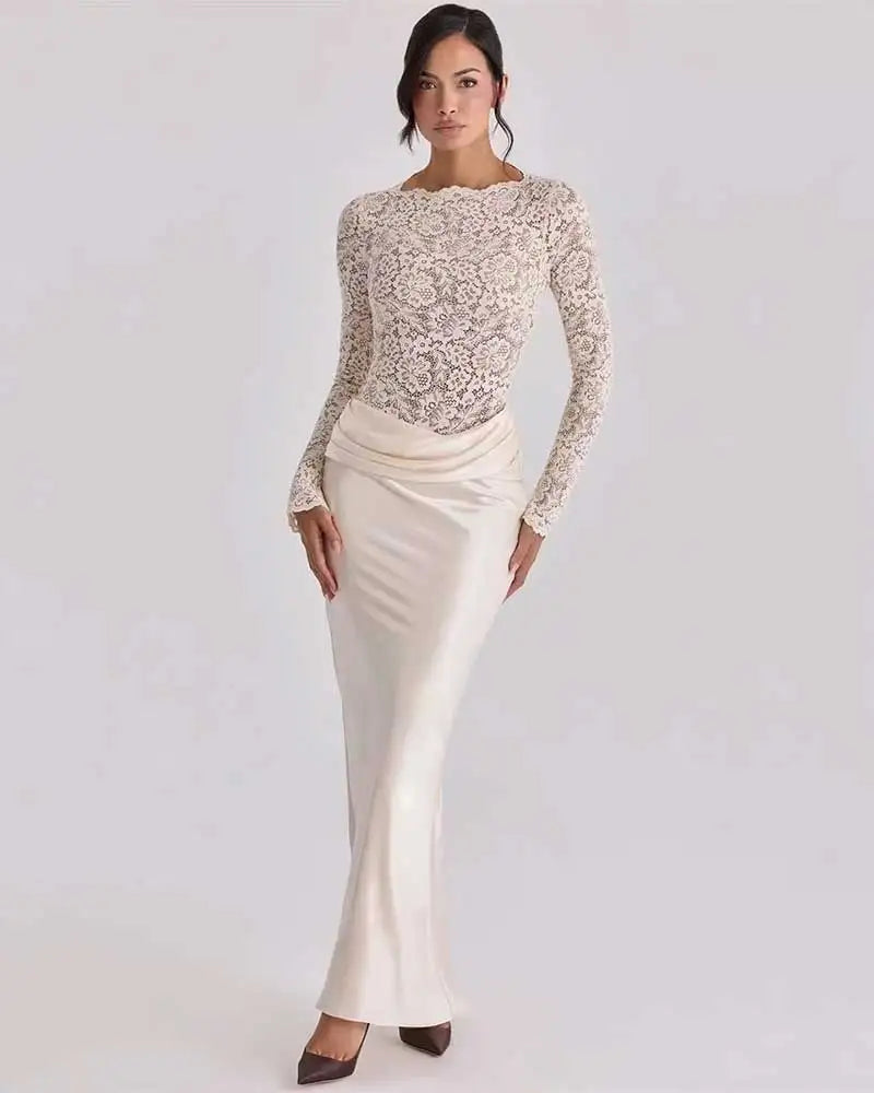 Off Shoulder Lace Satin Maxi Dress