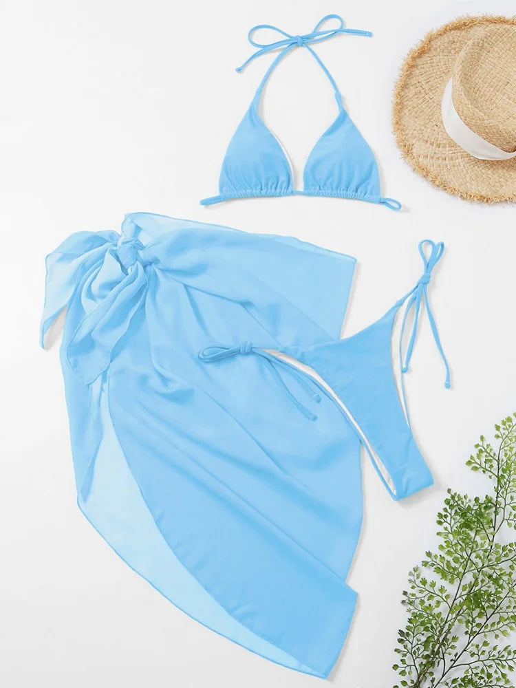 Sexy Mesh Skirt 3 Piece Bikini Set