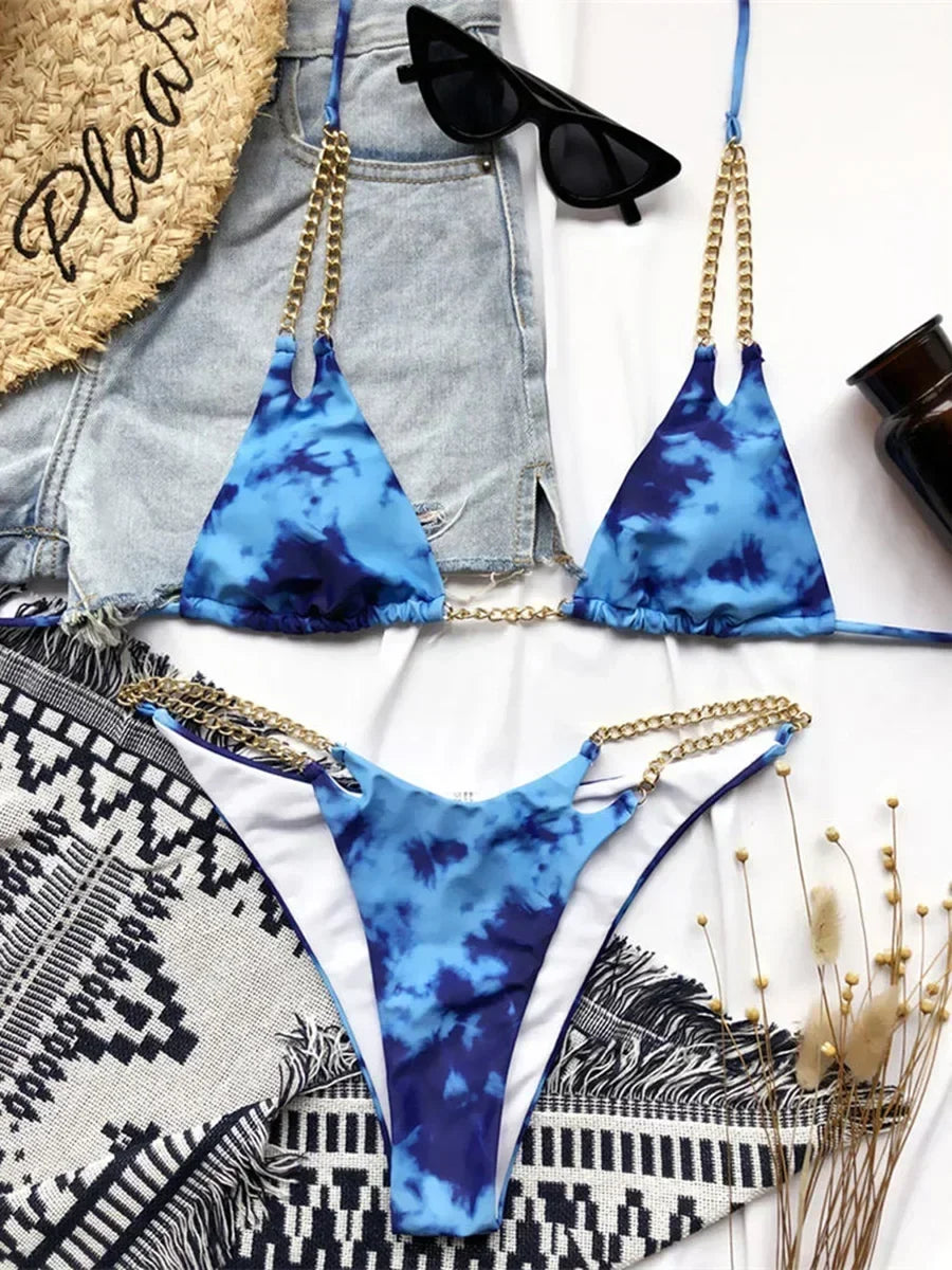 Sexy Halter Metal Chains Brazilian Bikini