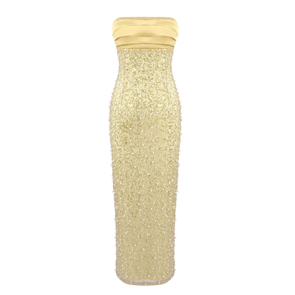 Luxury Strapless Backless Smocked Tiered Slim Fit Pearl Maxi Dress