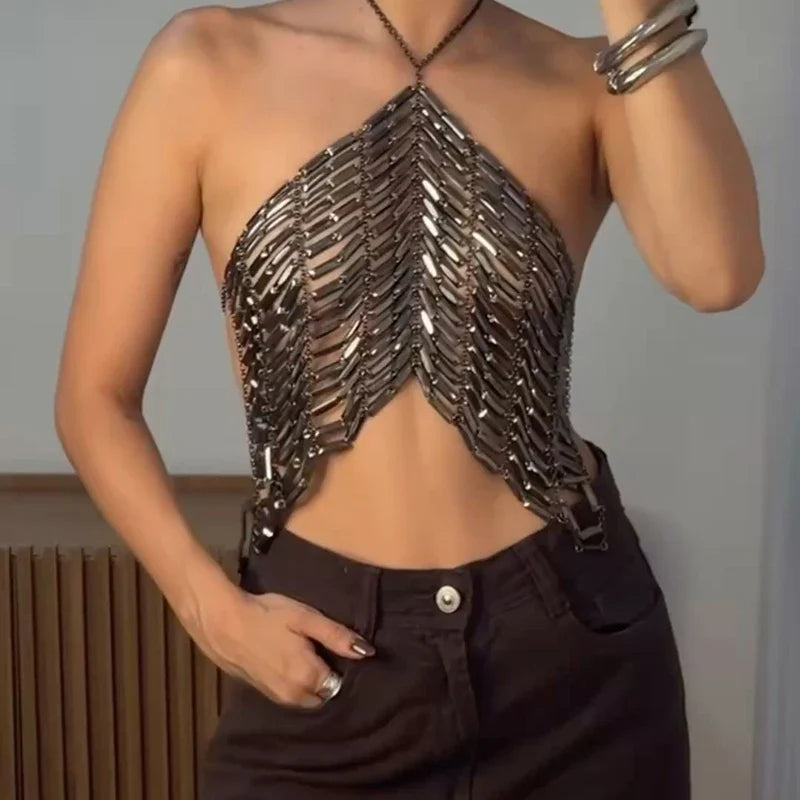 Crystal Beading Halterneck Vest Chain Tie Up Backless Crop Tops