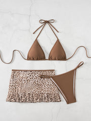 Sexy Brown Leopard Print Skirt 3 Piece Bikini Set