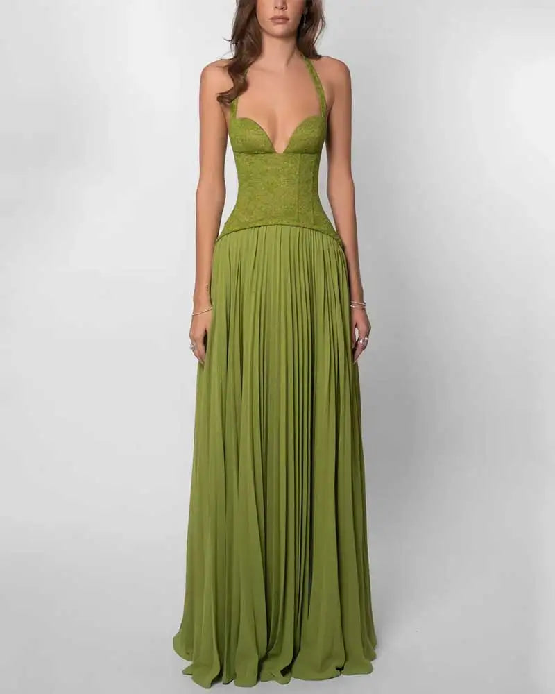 Elegant Corset Halter Pleated Maxi Dress